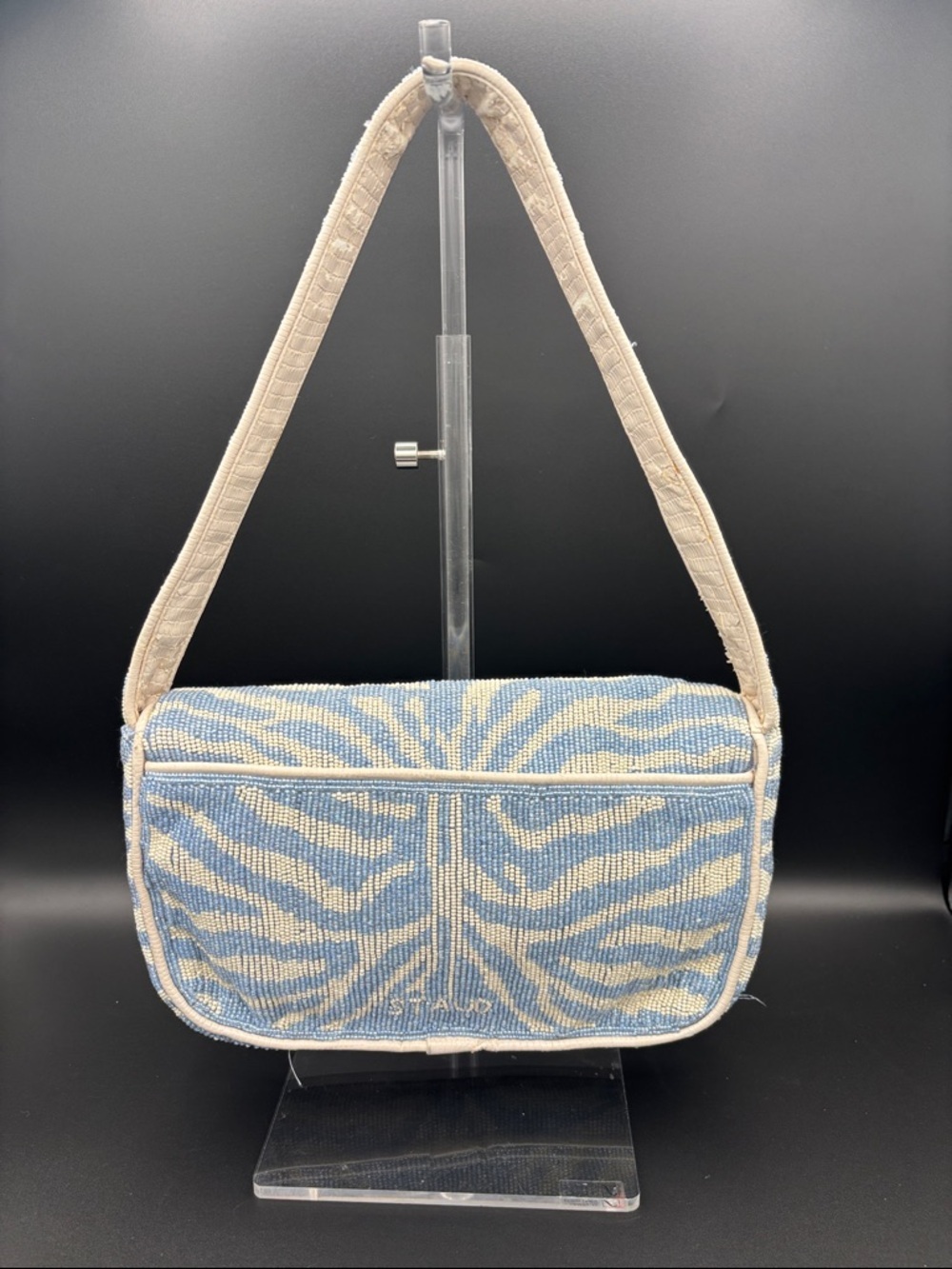 STAUD Tommy Beaded Shoulder Bag - Blue & White - Interior Strap is Peeling Some - Picture 2 of 13